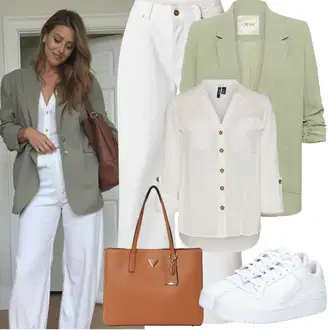 Kombinacije za bucmaste Od 50 godina sa Bijela/Svjetlozelena/Bež/Smeđa/Siva/Kaki Bluza Veći Broj/Tunika Vero Moda Tall, Bijela Niska Tenisica/Tenisica s platformom/Kožna tenisica/Tanka tenisica Adidas Originals "Proljetni Outfit"