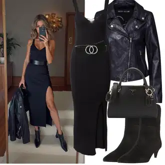 Outfit s Černá/Hnědá Klasická kozačka/Špičatá Kozačka/Kozačka Na Podpatku/Kotníková Bota Na Podpatku/Kovbojská Kotníková Bota/Westernová Kotníková Bota/Kotníková Bota s Podšívkou About You "Jarní Outfit"