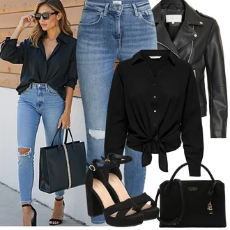 Zakopčaj dolje Outfit sa Crna Bluza s Leptir Mašnom/Bluza s Mašnom Only "Proljetni Outfit"