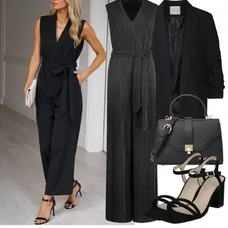 Šik Svatovski gost Outfit sa Crna/Tamnosiva/Siva Kombinezon širokih nogavica/Elegantni Kombinezon/Vjenčanje Kombinezon/Plisirani Kombinezon/Ljetni Kombinezon/Svečani Kombinezon Vera Mont "Proljetni Outfit"Look: Jazz, Elegantan, 20-ih godina, 70-ich, Rap, Šik, Preodjeven, Old Money