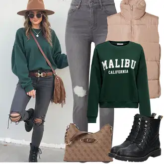 Outfit sa Crna Gležnjača na Vezanje/Klasična čizmica/Kožna Jakna/Čizma s patentnim zatvaračem/Gumena Gležnjača/Ravna Gležnjača/Podstavljena čizma/Borbena Čizma About You "Proljetni Outfit"