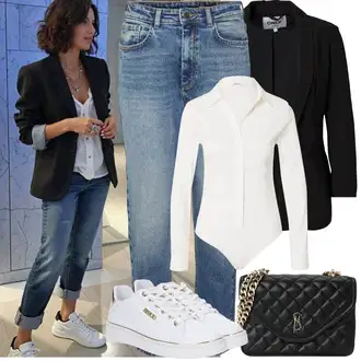 Kombinacije za zabavu S oblinama sa Crna Kaput Only, Bijela/Krem Bluza Veći Broj About You "Proljetni Outfit"