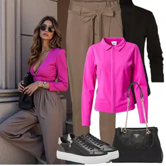 90tá léta Outfit s Růžová Sportovní Halenka/Businessová Halenka/Halenka s Trychtýřovým Límcem/Kožená bunda pro muže/Halenka s Dlouhým Rukávem/Halenka se Stojatým Límcem bella x about you "Jarní Outfit"Look: Styl, Klasické, Kancelář, Pracovní oděvy, 90tá léta, Univerzitní, Sportovní, Skater