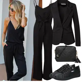 Šik Svatovski gost Outfit sa Crna Kombinezon širokih nogavica/Plisirani Kombinezon/Ljetni Kombinezon/Elegantni Kombinezon/Svečani Kombinezon Edited "Proljetni Outfit"Look: cool, Šik, Radna odjeća, 20-ih godina, 70-ich, Jazz, Premium