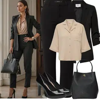 Outfit s Černá Kalhoty s 5 kapsami/Business Kalhoty/Boyfriend Kalhoty/Rovná Kalhoty/Pohodlná Kalhoty/Obleková Kalhoty/Žerzejová Kalhoty/Dlouhá Kalhoty/Úzká Kalhoty/Bengaline Kalhoty VERO MODA "Jarní Outfit"