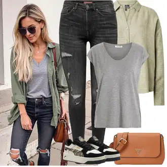 Outfit sa Crna/Siva/Svjetlosiva/Tamnosiva Kožna Jakna/Traperice s Rupom/Bikerske Traperice/Kožne jakne/Traperice s Prorezom Only "Proljetni Outfit"