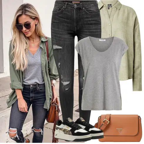 Kombinace Zelená/Světle zelená/Tmavě zelená/Světle modrá Lněná Halenka/Oversize Halenka/Oversize Muselínová Blůza VERO MODA kombinovat s Šedá/Světle šedá Tričko s krátkým rukávem/Tričko/Jednoduchý top/Pánské boty/Krátký top/Dlouhý top/Zavinovací Tričko/Neformální Tričko/Tričko s vodopádovým výstřihem/Muskulární Tričko Pieces