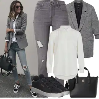 Kombinacije za bucmaste Od 50 godina sa Krem/Kaki/Bijela Bluza i Tunika/Bluza Veći Broj Vila, Crna Tanka tenisica/Kožna tenisica/Tenisice s patentnim zatvaračem sa strane/Niska Tenisica/Ljetna tenisica/cipela na vezanje/neformalna cipela Guess "Proljetni Outfit"
