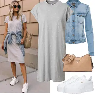 Outfit s Šedá/Světle šedá Žerzejové Šaty/Tričkové šaty About You "Jarní Outfit"