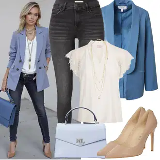 Kombinacije za bucmaste Od 50 godina sa Plava/Siva/Svjetloplava Nekategorizirano Vila, Smeđa/Krem/Bijela/Bež Majica I Top Veći Broj/Bluza Veći Broj Cream, Bijela/Bež/Zlatni Fini lančić/Bogato ukrašena ogrlica/Collier Pilgrim "Proljetni Outfit"