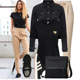 Outfit s Béžová/Khaki Mrkvová Kalhoty/Ležérní Kalhoty/Látková Kalhoty/Žerzejová Kalhoty/Jogger Kalhoty/Mušelínové kalhoty/Paperbag Kalhoty/Úzká Kalhoty/Navlékací Kalhoty/Střmenová Kalhoty Ichi "Stylové kombinace pro volný čas"