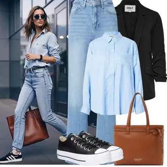 Nadrozměrné Outfit s Světle modrá Blůza s knoflíčkem/Lněná Halenka/Halenka s Dlouhým Rukávem/Džínsová Blůza/Oversize Halenka/Businessová Halenka/Slip-on Halenka/Jednobarevná Halenka/Manšestrová Halenka Only "Jarní outfit"Look: Styl, Klasické, Emo, Krásný, Kancelář, Nadrozměrné, Preppy, Unisex, Univerzitní, Pracovní oděvy, Retro