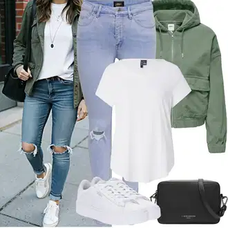 Léto Outfit s Světle modrá Kožená bunda/Push up Džín/Džíny s Rozparkem/Džíny s Dírou/Kožené bundy Only "Jarní outfit"