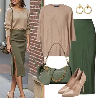 Outfit s Hnědá/Khaki/Béžová/Oranžová Basic Svetr/Svetr Carmen/Hrubě pletený svetr/Kašmírový Svetr/Pletený Svetr/Mohair Pullover/Svetr Niki/Plyšový svetr/Jednoduchý Svetr/Teddy Svetr/Rolák/Zimní Svetr/Vlněný Svetr/Svetr s límečkem About You "Jarní outfit"
