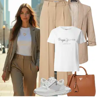 Outfit s Béžová/Khaki Široká Kalhoty/Mušelínové kalhoty/Palazzo Kalhoty/Paperbag Kalhoty/Kalhoty se Štěrbinou/Kalhoty s Vysokým Pasem/Marlene Kalhoty Edited "Jarní outfit"