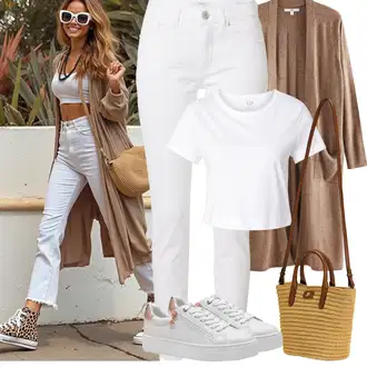 Outfit sa Smeđa/Bijela/Pink/Bež Sport Tenisica za tenis/cam cipela Tamaris "Jarní outfit"