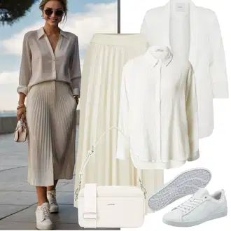 Outfit sa Krem/Bijela Kaput/Pletivo Veći Broj/Tunika Pieces "Jarní outfit"