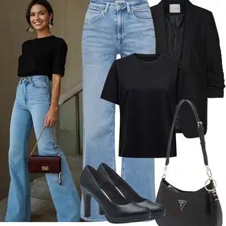 Zvonové kalhoty Outfit s Světle modrá Džíny Džín s Širokou Nohavicí/Dámské Džíny s Délkou 7/8/Zkrácené Džíny/Vintage Džíny/Džíny Volného Střihu/Dad Džíny/Pánské tričko/Džíny s Rozparkem/Zvonové Džíny/Džíny Culottes Only "Jarní outfit"