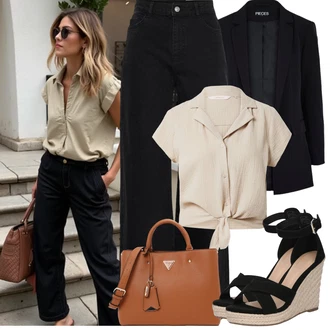 Outfit s Béžová/Khaki/Hnědá Halenka s Mašlí/Zavazovací Halenka/Halenka s Krátkým Rukávem Only "Jarní outfit"