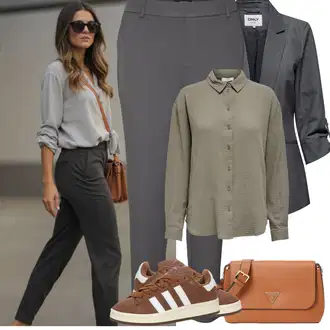 Outfit s Hnědá/Khaki/Tmavě šedá/Šedá Navlékací Kalhoty/Bengaline Kalhoty/Kalhoty s Vysokým Pasem/Kalhoty se Štěrbinou/Strečová Kalhoty/Zimní Kalhoty/Business Kalhoty/Mušelínové Kalhoty/Skinny Kalhoty/Úzká Kalhoty/Obleková Kalhoty VERO MODA "Jarní outfit"
