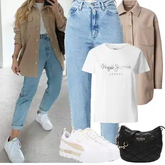Kombinacije za proljeće teplý sa Siva/Bež/Bijela Niska Tenisica/Tenisica s platformom Puma "Jarní outfit"