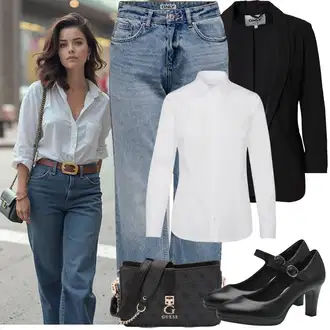 Outfit sa Bijela Bluza s gumbom/Bluza s zakrpom na laktu/3/4 Bluza/Slip-on Bluza/Poslovna Bluza/Bluza s Podignutim Ovratnikom/Bluza koja se ne pegla Seidensticker "Jarní outfit"