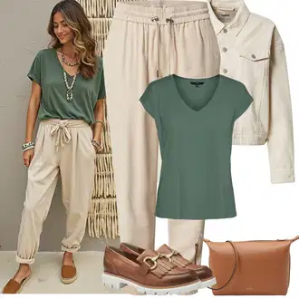 Outfit s Béžová/Khaki/Hnědá Ležérní Kalhoty/Jogger Kalhoty/Cargo Tepláky/Baggy Kalhoty/Kožená Pánská Bund/Fleecová Kalhoty/Žerzejová Kalhoty/Navlékací Kalhoty Only "Jarní outfit"