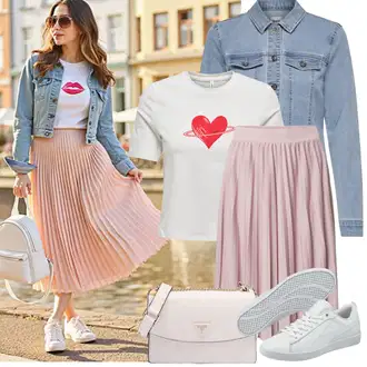 Outfit sa Ljubičasta/Pink Midi suknja od tila/Kratka plisirana suknja/Moderne Suknja/Suknja Iz 90-ih/Midi Suknja About You "Jarní outfit"