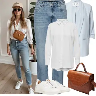 Vintage Outfit s Světle modrá/Modrá Navlékací džíny/Zkrácené Džíny/Vintage džíny/Dámské Džíny s Délkou 7/8/Formální Košile/Boyfriend Džínové kalhoty/Dad Džíny/Zužující se Džíny/Girlfriend Džíny/Mom Jean VERO MODA "Jarní outfit"Look: Styl, 90tá léta, Klasické, Vintage
