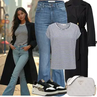 Zvonové kalhoty Outfit s Modrá/Světle modrá Zvonové Džíny/Pánské tričko/Zimní bunda/Vintage Džíny/Kožená Pánská Bund/Džín s Nízkým Pasem/Džíny s Rozparkem/High Waist Džínové Kalhoty/Džíny s Nízkým Sedem JdY "Jarní outfit"