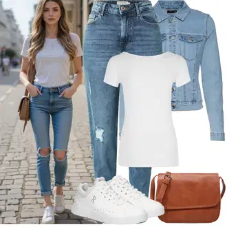 Léto Outfit s Světle modrá/Modrá High Waist Džínové Kalhoty/Kotníková Bota/Boyfriend Džínové kalhoty/Džíny s Rozparkem/Kožené bundy/Džíny s Dírou/Girlfriend Džíny Pieces "Jarní outfit"