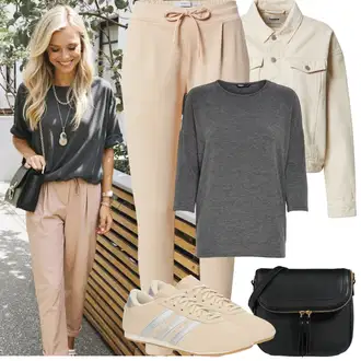 Outfit sa Bež/Kaki Održiva Jakna/Gajtana Jakna/Ljetna Jakna/Crop Jakna/Kratka Jakna/Kratka Traper Jakna/Vintage Jakna about you x marie von behrens "Jarní outfit"