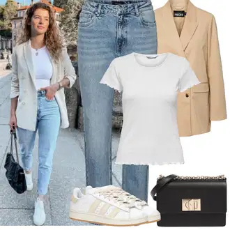 Vintage Outfit s Světle modrá/Modrá Navlékací džíny/Zkrácené Džíny/Vintage džíny/Dámské Džíny s Délkou 7/8/Formální Košile/Boyfriend Džínové kalhoty/Dad Džíny/Zužující se Džíny/Girlfriend Džíny/Mom Jean VERO MODA "Jarní outfit"Look: Styl, 90tá léta, Klasické, Vintage
