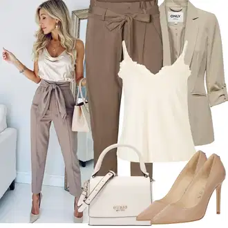 Outfit s Hnědá/Khaki/Béžová Ležérní Kalhoty/Mušelínové Kalhoty/Paperbag Kalhoty VERO MODA "Jarní outfit"