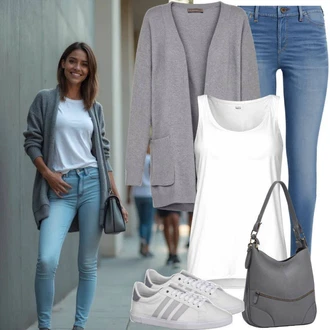 Outfit s Šedá/Světle šedá Kardigan Zavinovací svetr Vila "Jarní outfit"