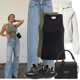 Zvonové kalhoty Outfit s Modrá/Světle modrá Džíny Mom Jean/Baggy Džíny/Formální Košile/Džíny Culottes/Girlfriend Džíny/Dad Džíny/Vintage Džíny/Džíny Volného Střihu Vila "Jarní outfit"