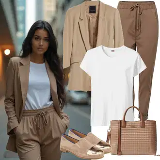 Outfit s Khaki/Hnědá/Tmavě Hnědá/Oranžová Široká Kalhoty/Marlene Kalhoty/Paperbag Kalhoty/Mušelínové Kalhoty/Kalhoty s Vysokým Pasem/Kalhoty se Štěrbinou/Twillová Kalhoty/Obleková Kalhoty bella x about you "Jarní outfit"