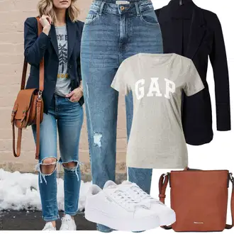 Léto Outfit s Světle modrá/Modrá High Waist Džínové Kalhoty/Kotníková Bota/Boyfriend Džínové kalhoty/Džíny s Rozparkem/Kožené bundy/Džíny s Dírou/Girlfriend Džíny Pieces "Jarní outfit"