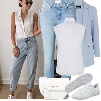 Outfit sa Bijela/Krem/Smeđa/Pink Bluza Kratkih Rukava/Razigrana Bluza/Bluza s Mašnom/Bluza s Podignutim Ovratnikom/Bluza Vrh/Bluza bez rukava/Crash Bluza Seidensticker "Jarní outfit"
