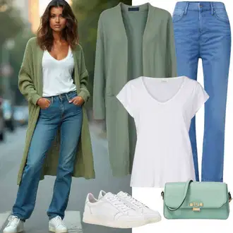 Zvonové kalhoty Outfit s Tmavě modrá/Modrá/Světle modrá Džíny Mom Jean/Termální Džíny/Sweat Džíny/Rovná Džína/Džíny Volného Střihu/Dámské Džíny s Délkou 7/8/Baggy Džíny/Sportovní boty/Dad Džíny/Formální Košile/Zkrácené Džíny/Kožená Pánská Bund jjxx "Jarní outfit"