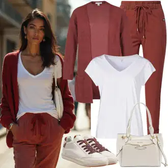 Outfit s Červená/Tmavě červená/Hnědá/Vínová Paperbag Kalhoty/Mrkvová Kalhoty/Mušelínové Kalhoty/Kalhoty s Vysokým Pasem VERO MODA "Jarní outfit"