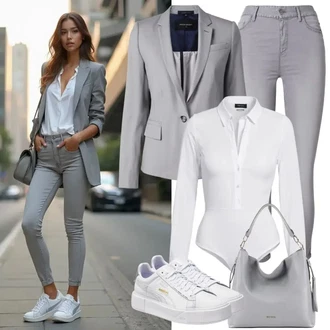 Outfit s Šedá/Světle šedá/Tmavě šedá High Waist Džínové Kalhoty/Džíny s Nízkým Sedem/Kožená bunda/Motorkářské Džíny/Slim Fit Džíny/Zimní bunda/Džíny s Rozparkem/Kožené Boty/Termální Džíny/Push up Džín Only "Jarní volnočasový outfit"
