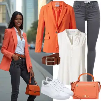 Narozeniny Podzim Outfit s Oranžová/Červená Kožená bunda pro muže/Blejzrové Bund/Boyfriend Sako/Kordové Sako/Bavlněný Sako/Dámský Potištěný Sako/Sametový Sako Rich & Royal "Kancelářský outfit"Look: 60. narozeniny, Matriční Úřad, Koncert, Výročí, Den matek, Valentýn, Divadlo, Narozeniny