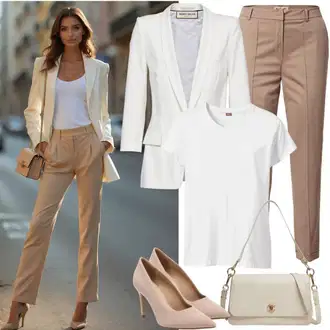 Outfit s Béžová/Khaki/Hnědá/Šedá Business Kalhoty/Rovná Kalhoty/Úzká Kalhoty/Twillová Kalhoty/Kalhoty s nášivkou uprostřed/Obleková Kalhoty/Mušelínové Kalhoty/Kalhoty se Štěrbinou FIVEUNITS "Kancelářský outfit"