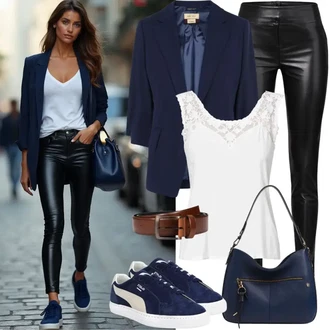 Outfit s Černá/Bílá Skinny Kalhoty/Kalhoty z Umělé Kůže/Legíny Kožený Vzhled/Kožená Kalhoty/Legíny s Vysokým Pasem/Kožený Legíny Only "Kancelářský outfit"