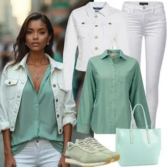 Nadrozměrné Outfit s Bílá/Krémová Krátký Bund/Udržitelná bunda/Krátký Bund/Zimní Bund/Letní peřová bunda/Bunda z umělých vláken/Krabice bunda/Nafukovací Bund/Puchová Bund Only "Krásný jarní outfit"Look: Hip Hop, Pro Dům, Lak, Nadrozměrné, Sportovní