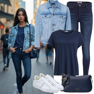 Outfit s Modrá/Tmavě modrá/Světle modrá Kožená bunda/Zimní bunda/Kotníková Bota/Dámské Džíny s Délkou 7/8/Kožená Pánská Bund/Kožené Boty/High Waist Džínové Kalhoty/Push up Džín Only "Krásný jarní outfit"