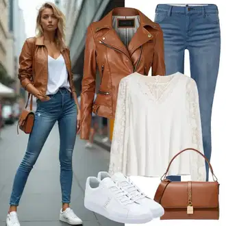 80tá léta Outfit s Béžová/Hnědá/Khaki Motorkářská bunda/Kožené Bund Bunda z Umělé Kůže/Motorkářské Bund/Kožená vintage bunda/Kožené Bund/Bunda s Bočním Zipem koroshi "Krásný jarní outfit"Look: Mom, Venkovní, Western, Pracovní oděvy, 80tá léta