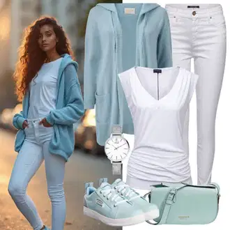 Outfit s Světle modrá/Modrá Svetr kroj/Krátký svetr/Letní svetr/Kašmírový kardigán/Kardigán s výstřihem do V/Bavlněný svetr Noisy may "Krásný jarní outfit"