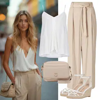 Outfit s Hnědá/Béžová Tvídová Kalhoty Ulla Popken "Letní oblečení"